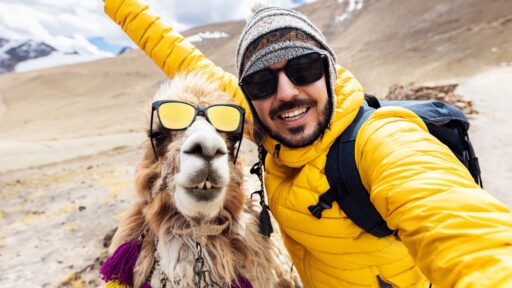 Mann im Urlaub mit Lama
