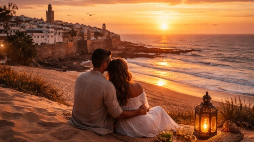 Paar bei romantischem Sonnenuntergang in Marokko