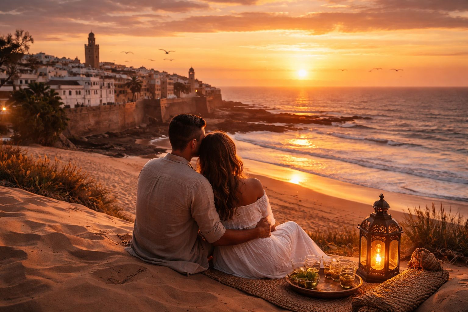 Paar bei romantischem Sonnenuntergang in Marokko